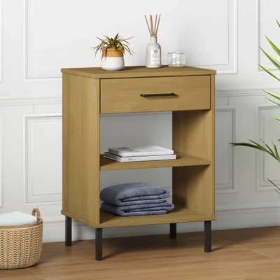 Produktbild von "2026 Promotion" Beistelltisch, Flurtisch, mit Stauraum, Konsolenschrank OSLO, mit Metallbeinen Braun Massivholz Kiefer - fernsehtisch CC21251