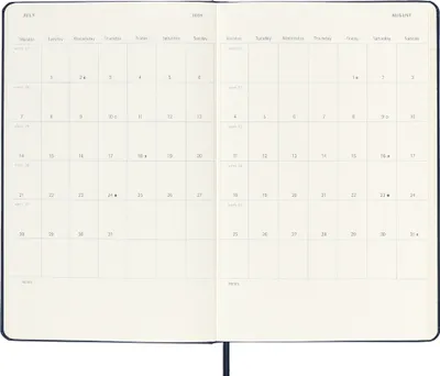 An open planner showing two calendar pages for July and August.