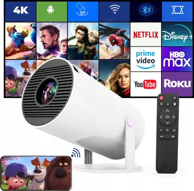 A projector and its remote control are displayed with a background collage of movie posters and app logos.