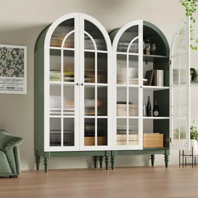 Produktbild von Flieks 2 Hoher Bogen-Aufbewahrungsschrank mit Glastüren, 2 Küchenschrank mit Holzmaserung, 2 Sideboard 76x38.5x165cm, Dunkelgrün