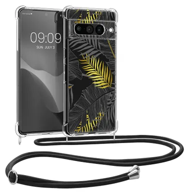Produktbild von kwmobile Necklace Case kompatibel mit Google Pixel 7 Pro Hülle - Silikon Cover mit Handykette - Gold Grau Transparent Dschungel