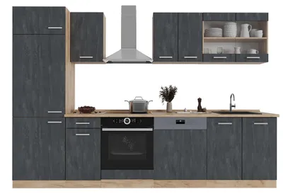 Produktbild von Küchenzeile Vicco R-Line Schwarz Beton/Goldkraft Eiche 300 cm ohne Arbeitsplatte, Model 47356
