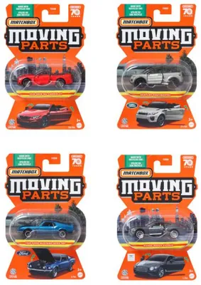 Four Matchbox Moving Parts toy cars in their packaging, arranged in a 2x2 grid.