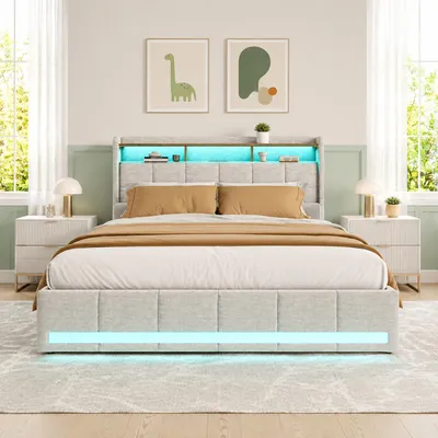 Image de INONEFT, lit capitonné 160x200 cm, tissu lin, couleur beige. Lit double avec 4 tiroirs et éclairage LED. Tête de lit avec espace de rangement et port USB Type-C. Lit fonctionnel pour adolescents, avec sommier à lattes