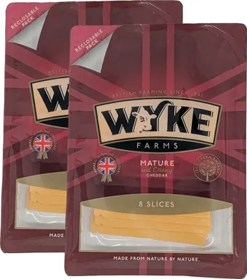Produktbild von Food-United gereifter YELLOW-CHEDDAR Cheese 2x160g in Scheiben von WYKE-FARMS mature english cheddar cheese grated 6 Monate gereift englischer Hartkäse passt zu Gratins Pasta Pizza Nachos Gemüse Aufläufe Dips Saucen