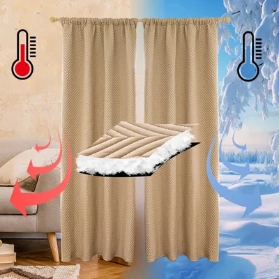 A split image showing a room with curtains on the left and a snowy outdoor scene on the right, illustrating thermal insulation.