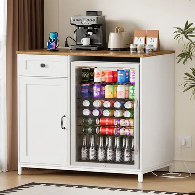 A kitchen buffet with a built-in cooler, coffee maker, and toaster on top, set in a home environment.