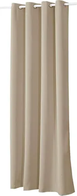 A close-up view of four beige curtains hanging from a white rod.