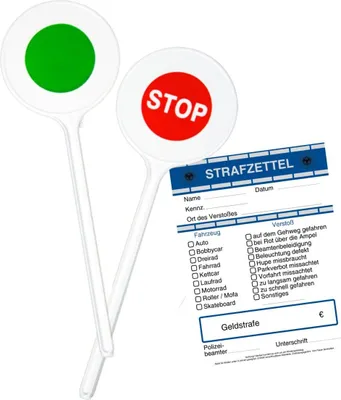 Polizeikelle mit STOP-Aufdruck und Strafzettelblock als Polizei Kostüm-Zubehör.