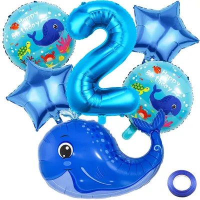Meerestiere Geburtstagsdeko, 7-tlg. mit Wal Folienballon & Zahl 2