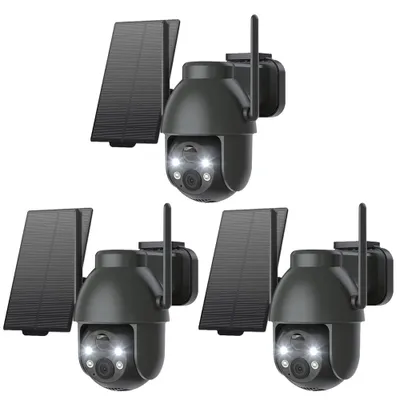 Image de 3 pièces 2K caméra de surveillance extérieure batterie 360°PTZ caméra WLAN avec vision nocturne couleur caméra solaire surveillance extérieure PIR détecteur de mouvement 2 voies audio Alexa