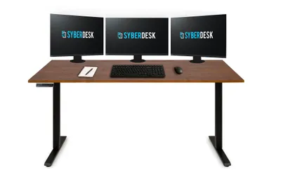 Produktbild von Elektrisch höhenverstellbarer XXL-Schreibtisch aus massiver Eichenholzplatte 165*68cm mit Kabeldurchlass, Kabelmanagement und LED, Walnussfarbe