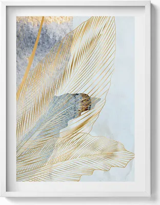 Produktbild von Glamour-Bananenblätter mit Gold– Wandbild mit Rahmen – Gerahmtes Bild  – Wanddekoration – 60x80 cm –  Weiß Rahmen