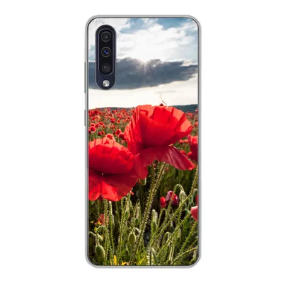 Produktbild von MuchoWow® Handyhülle Schutzhülle Hülle für Samsung Galaxy A30s Mohnblumen vor einem dramatischen, stürmischen Himmel Silikon Softcase Handy Hülle - Karteninhaber