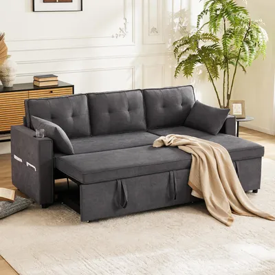 Image de okwish Canapé-lit d’angle en L avec fonction couchage, porte-gobelets, rangement, meuble salon-lit réversible gauche/droite, gris