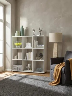 Produktbild von Design Bücherregal mit 9 Fächern Weiß 108 x 104 x 29 cm, Standregal Holz Regal freistehend, Ordnerregal Raumteiler Würfel-Regal modern, Offenes Aufbewahrungsregal