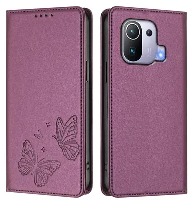 Produktbild von Lederhülle für Xiaomi Mi 11 Pro, Schmetterling Prägung Leder Brieftasche Schutzhülle mit Ständer Lila