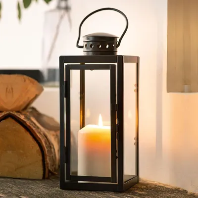 Productafbeelding van Lantaarns voor buiten, 24 cm, windlicht, klein, metaal, zwart, graflantaarn, weerbestendig, met glas, voor tuin, balkon, terras, begraafplaats