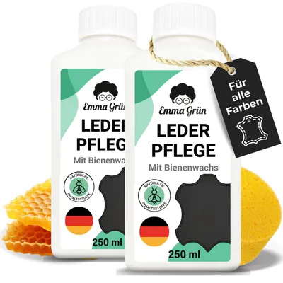 Produktbild von Emma Grün® Lederpflege für Ledercouch & Sofa 500ml [MIT BIENENWACHS] – Lederpflege Auto, Kunstleder & Möbelpflege (+Schwamm)