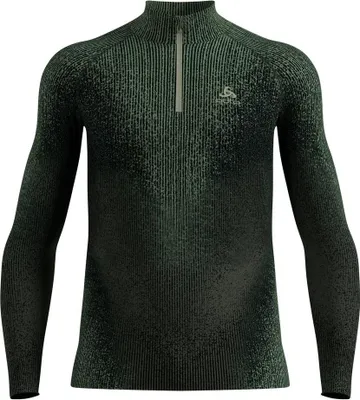 Odlo Blackcomb Base Layer Half Zip in dunklem Grün mit feinem Muster und kurzem Reißverschluss am Kragen
