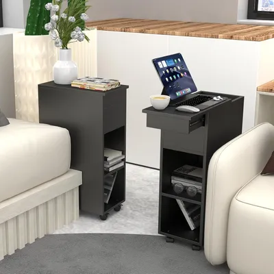 Produktbild von 2x Beistelltisch Schmal,Nachttisch Nachtschrank mit Schubladen und offenen Fächern,Schmaler Sofatisch mit Rollen,Couchtisch für Wohnzimmer 45x25x70cm