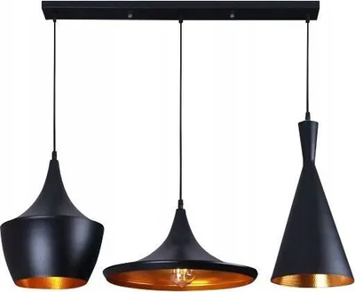 Three black pendant lights with gold interiors are arranged on a white background.