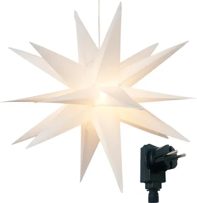 Produktbild von 3D Leuchtstern mit warm-weißer LED Beleuchtung und Timer, für Innen und Außen geeignet, Weihnachtsstern - Außenstern, hängend / 7,5 m Zuleitung (Weiß)