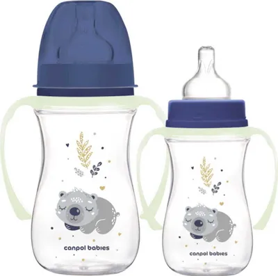 Two baby bottles with handles and lids, decorated with a sleeping koala illustration.