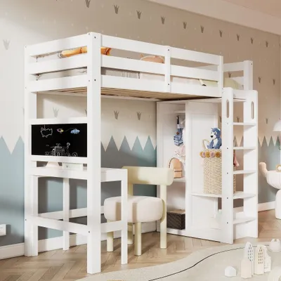 Produktbild von Hochbett 90x200cm mit Schreibtisch, offenem Kleiderschrank und Regalen, Kinderhochbett aus Kiefernholz, MDF und Sperrholz in Weiß