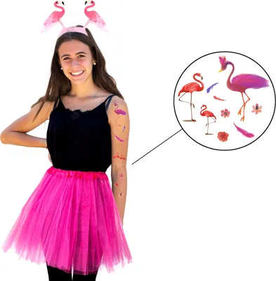 Produktbild von Oblique Unique Flamingo Kostüm Accessoire Set - Flamingo Haarreif + Tutu / Tütü + Tattoos für Fasching Karneval