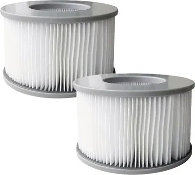 Two white pleated filters with gray tops and bottoms are shown against a white background.