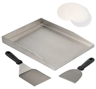 Produktbild von eluno Plancha Grillplatten Set inkl. 1x Plancha-Platte, 1x Grillwender, 1x Grillspachtel, 20x Burgerpapier aus Edelstahl