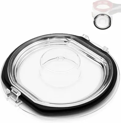 A clear plastic lid with a black rubber seal and a small circular tube in the center, isolated on a white background. A smaller inset image shows the lid attached to a white vacuum cleaner part.