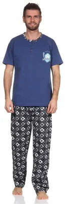 Produktbild von Herren Pyjama Baumwolle Schlafhose und Shirt kurz-arm Schlafanzug; Blau M