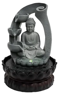 Produktbild von Buddha-Brunnenornament - Tischbrunnen - Kunstharz - Lotus-Sockel - LED-Beleuchtung - Leise Pumpe - Hellgrau