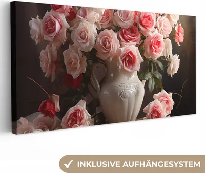 Produktbild von MuchoWow® - Leinwandbilder - Blumen - Rosen - Vase - Stilleben - Blumenstrauß, Wandbild, Wanddeko Bilder Wohnzimmer, 40x20 cm