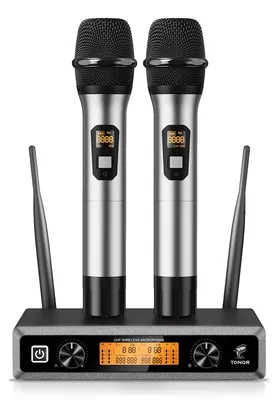 Image de Ensemble de microphones sans fil UHF - 2 microphones à main - Portée de 60 mètres - Gris - Pour karaoké et fêtes