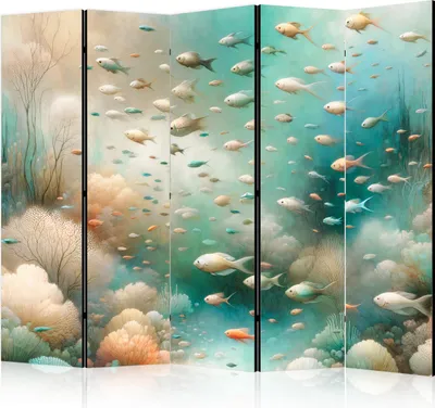 Produktbild von 5-teiliger Einseitiger Vlies Paravent - Spectacular Underwater Landscape - Fish in an Underwater World in Turquoise Blue Beige and Delicate Orange Colors 225x172 cm Tiere g-H-10116-z-b