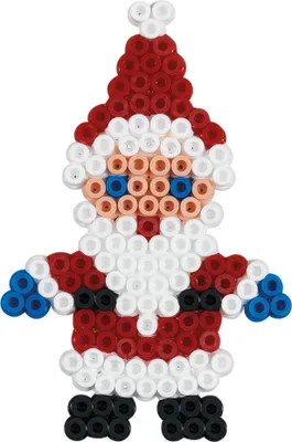 A close-up, front-facing image of a Santa Claus figure made from colorful beads.