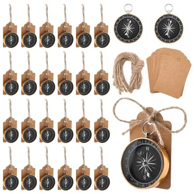 Produktbild von FINGERINSPIRE 30 Sets Kompass-Gastgeschenke für Hochzeiten, Großpackung. Gastgeschenke mit Karten und Bändern, DIY-Set für Feiern, Souvenirs. Klassische Kompass-Ornament-Sets aus Aluminiumlegierung, schwarz-goldfarben