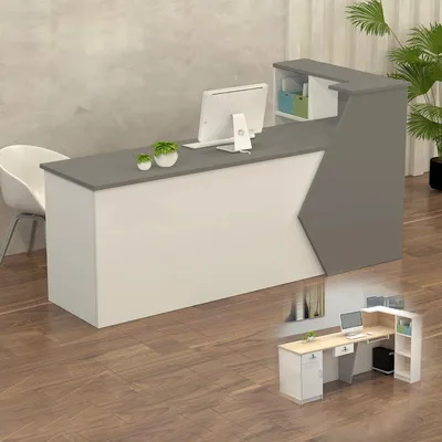 Image de Comptoir de réception, comptoir d'accueil, guichet de en bois avec espace de rangement, dimensions 220x60x100 cm, couleur gris et blanc