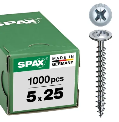 Produktbild von SPAX Rückwandschraube, 5,0 x 25 mm, 1000 Stück, Kreuzschlitz Z2, Rückwandkopf, Vollgewinde, 4CUT, WIROX A3J, blank verzinkt, 0281010500252