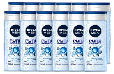 Produktbild von 12 x Nivea Men Douchegel Pure Impact 3-in-1 - 250 ml - Vorteilspackung - 12 Stücke