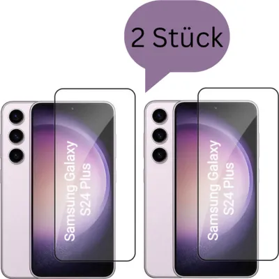 Two Samsung Galaxy S24 Plus phones with screen protectors applied, with a text overlay indicating '2 Stück'.