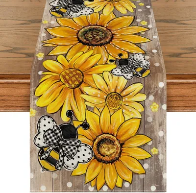 Produktbild von Tischläufer mit Sonnenblumen und Bienen für den Frühling, saisonale Sommerdekoration für Küche und Tisch, 40x140 cm