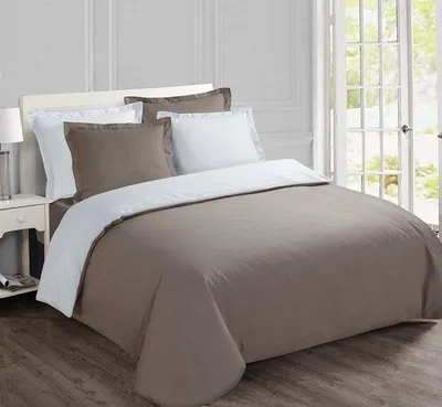 Productafbeelding van Ibenzoa® beddengoedset, omkeerbaar – 200x200 cm, 100% katoen, taupe-wit, 2 kussenslopen, met drukknopen, draaddichtheid 57