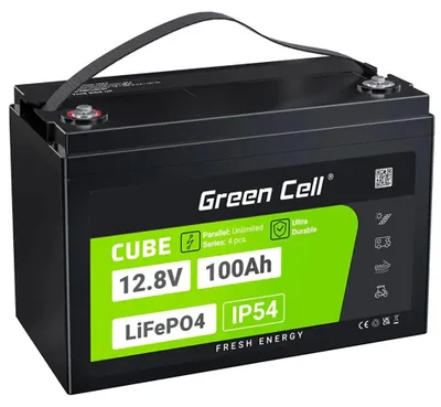 Produktbild von Green Cell LFPGC12V100AH, Lithium-Eisen-Phosphat (LiFePO4), 12,8 V, Schwarz, Grün, 100 Ah, 1280 Wh, 10 Jahr(e)