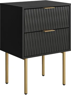 Produktbild von Unyqoos® Nachttisch mit 2 Schubladen – schwarz mit goldenen Akzenten, 40 x 30 x 56 cm, MDF-Korpus & stabile Metallbeine