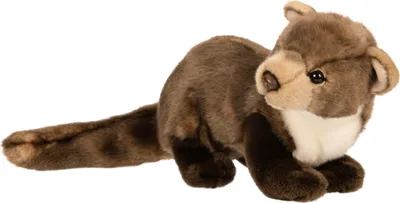 A plush toy marten lying down against a white background.
