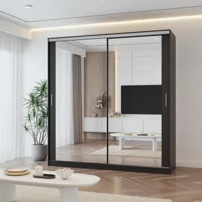 Produktbild von Schwebetürenschrank TOKYO M, Schlafzimmer Kleiderschrank Schrank 203 cm Schwarz/Schwarz mit Spiegel, alufarbene PVC-Griffe
